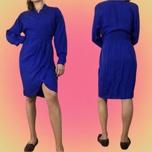 Vintage 90s 100% Silk Royal Blue Faux Wrap Dress